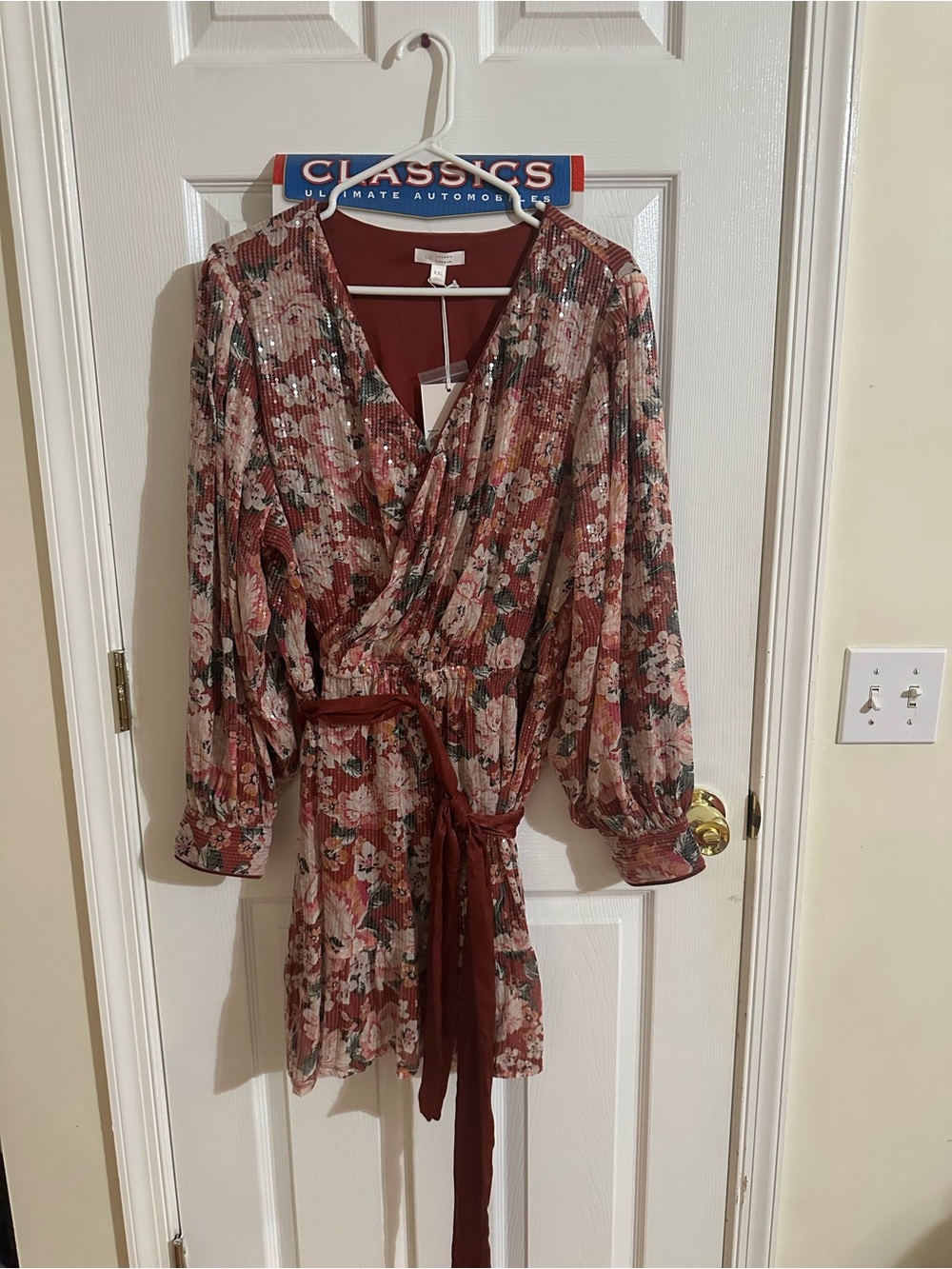 LC Lauren Conrad Floral Long Sleeve Wrap Dress - Burgundy, Pink, Green